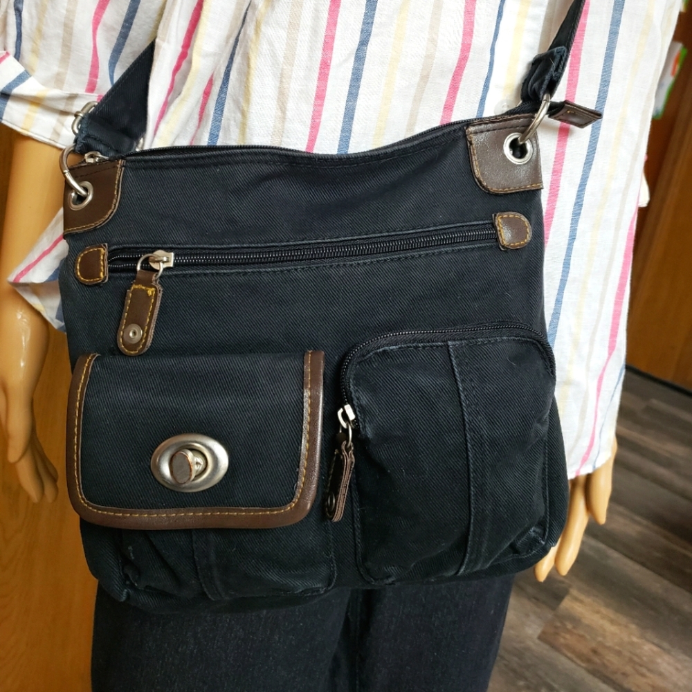Y2K Black Denim Faux Leather Trim Crossbody Bag With Pockets